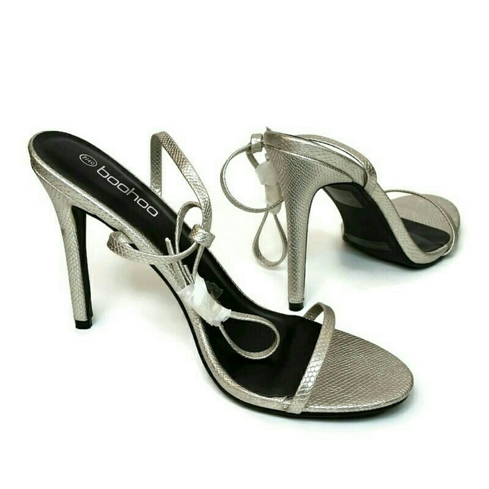 Boohoo Metallic Snake Effect Skinny Strap Heels